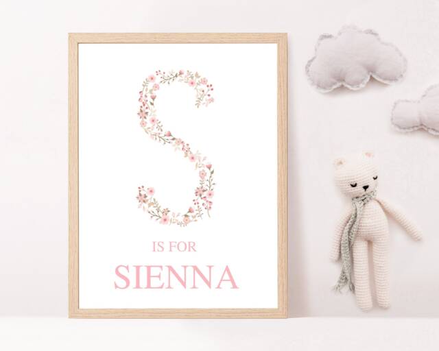 Pink Floral Personalised Initial Nursery Print, Flower Name Girl Bedroom Decor, Wall Art, Theme - image 1