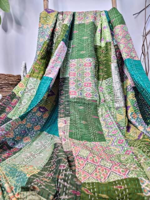 Kantha Stitch Pure Silk Cotton Reversible Bed/Sofa/Picnic/Kids Room Throw King Size Patchwork Indian Sea Green Aqua Hues Floral Ikat - image 1
