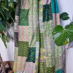 Kantha Stitch Pure Silk Cotton Reversible Bed/Sofa/Picnic/Kids Room Throw King Size Patchwork Indian Sea Green Aqua Hues Floral Ikat - thumbnail 3