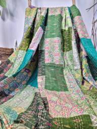 Kantha Stitch Pure Silk Cotton Reversible Bed/Sofa/Picnic/Kids Room Throw King Size Patchwork Indian Sea Green Aqua Hues Floral Ikat - thumbnail 1