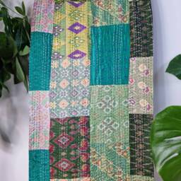 Kantha Stitch Pure Silk Cotton Reversible Bed/Sofa/Picnic/Kids Room Throw King Size Patchwork Indian Sea Green Aqua Hues Floral Ikat - thumbnail 4