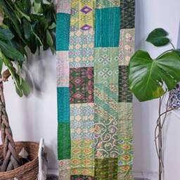 Kantha Stitch Pure Silk Cotton Reversible Bed/Sofa/Picnic/Kids Room Throw King Size Patchwork Indian Sea Green Aqua Hues Floral Ikat - thumbnail 2