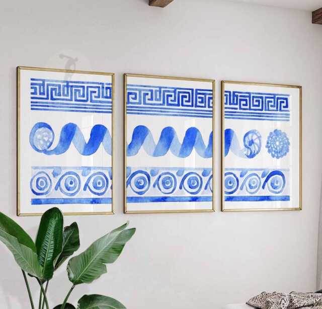 Greek Key Pattern Wall Art Set Of 3, Blue Watercolor Abstract Posters, Mediterranean Home Decor, Modern Geometric Print - image 1