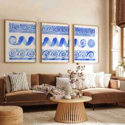 Greek Key Pattern Wall Art Set Of 3, Blue Watercolor Abstract Posters, Mediterranean Home Decor, Modern Geometric Print - thumbnail 2