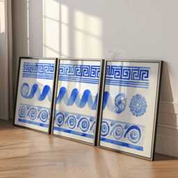 Greek Key Pattern Wall Art Set Of 3, Blue Watercolor Abstract Posters, Mediterranean Home Decor, Modern Geometric Print - thumbnail 3