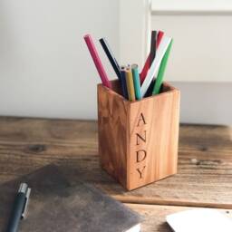 Personalized Italian Olive Wood Pencil Pen Pot - Personalised Holder Wooden Desk Tidy Kids Paint Brush Make Up - thumbnail 1