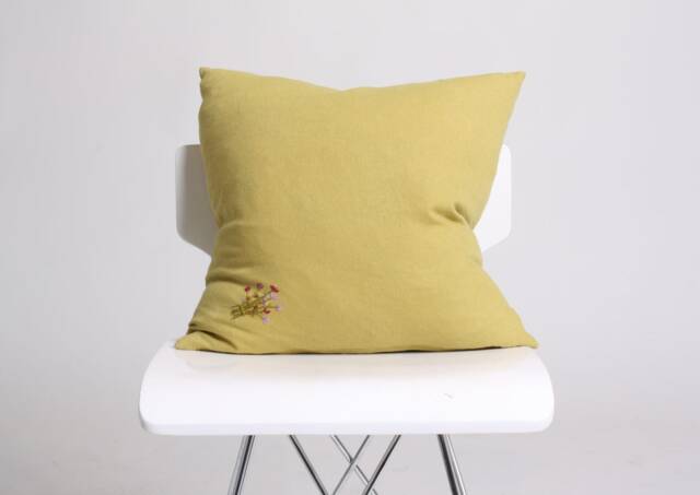 Linen Pillow Cover, Floral Pillow, Embroidered Decorative Green Throw Mustard Cushion Cover - image 1