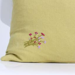 Linen Pillow Cover, Floral Pillow, Embroidered Decorative Green Throw Mustard Cushion Cover - thumbnail 2
