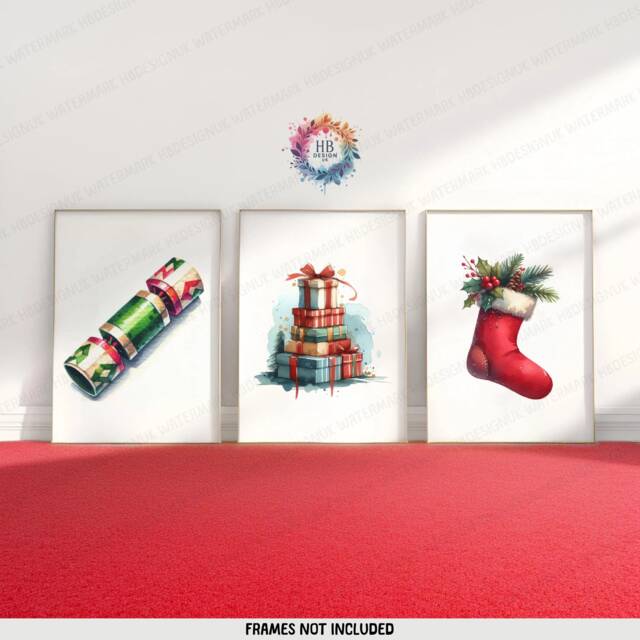 Christmas Decoration Print Set - 3 Posters - Stocking, Cracker, Presents Merry Xmas Wall Art Winter Artwork A4 A3 Watercolour Prints - image 1