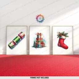 Christmas Decoration Print Set - 3 Posters - Stocking, Cracker, Presents Merry Xmas Wall Art Winter Artwork A4 A3 Watercolour Prints - thumbnail 1
