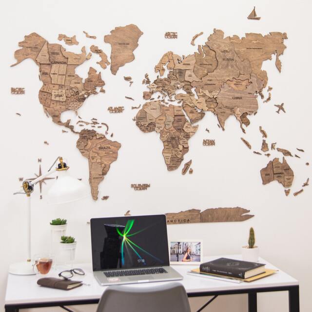 Handcrafted Wooden World Map Wall Art, Home Office Decor, Push Pins Map, Mark Your Travels, Housewarming Gift, 5Th Anniversary Gift - image 1