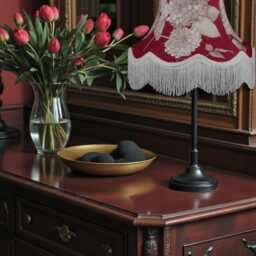 Red Hydrangea Floral Lampshade With Cream Fringe Handmade For Ceiling Lights, Table & Floor Standard Lamp Shades - thumbnail 2