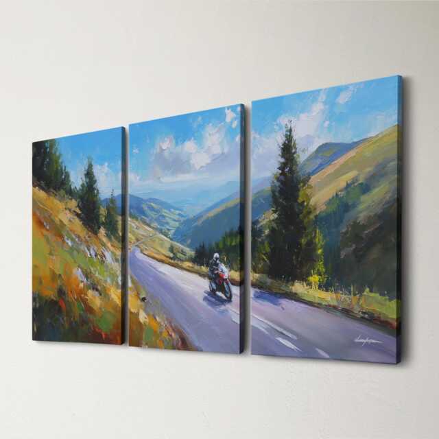 Motorcycle Mountain Pass 3 Panel Split Canvas Wall Art Scenic Road & Sky Oil Painting Framed Home Biker Adventure Decor Gift - image 1