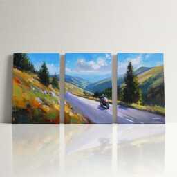 Motorcycle Mountain Pass 3 Panel Split Canvas Wall Art Scenic Road & Sky Oil Painting Framed Home Biker Adventure Decor Gift - thumbnail 3