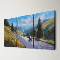 Motorcycle Mountain Pass 3 Panel Split Canvas Wall Art Scenic Road & Sky Oil Painting Framed Home Biker Adventure Decor Gift - thumbnail 1