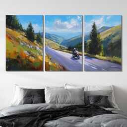 Motorcycle Mountain Pass 3 Panel Split Canvas Wall Art Scenic Road & Sky Oil Painting Framed Home Biker Adventure Decor Gift - thumbnail 2