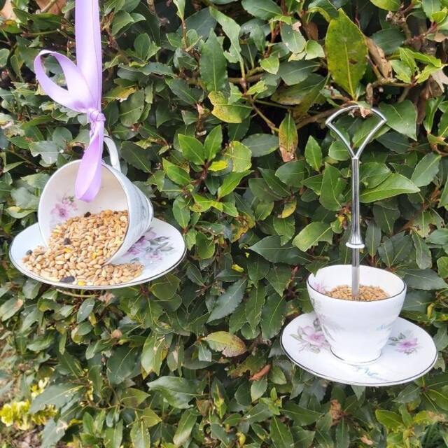 Teacup Bird Feeder, Silver Anniversary Gift, Vintage Garden Decor - image 1