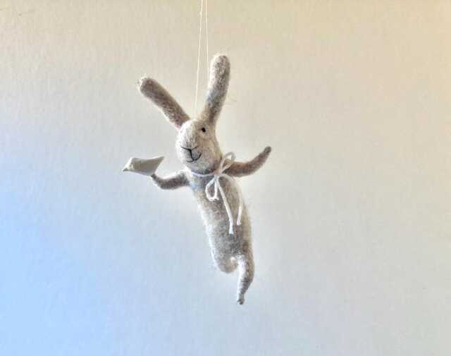 Gray Needle Felted Bunny Holding Bird, Mobile, Needle Feled Miniature, Baby Crib Mobile, Nursery Decor - image 1