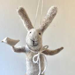 Gray Needle Felted Bunny Holding Bird, Mobile, Needle Feled Miniature, Baby Crib Mobile, Nursery Decor - thumbnail 2