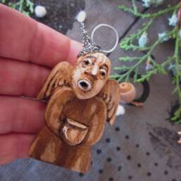 Hand Carved Wood Angel Christmas Ornament Reclaimed Wood, Crocheted Hat - thumbnail 2