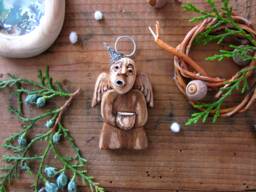 Hand Carved Wood Angel Christmas Ornament Reclaimed Wood, Crocheted Hat - thumbnail 1
