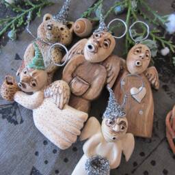 Hand Carved Wood Angel Christmas Ornament Reclaimed Wood, Crocheted Hat - thumbnail 4
