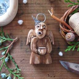 Hand Carved Wood Angel Christmas Ornament Reclaimed Wood, Crocheted Hat - thumbnail 3