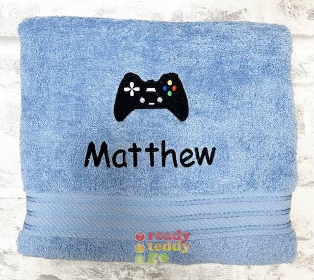 Personalised Swimming/Bath Towel Sheet Gaming Controller Embroidered Unisex Boys Girls Children's Kids With Any Name 500Gsm - image 1