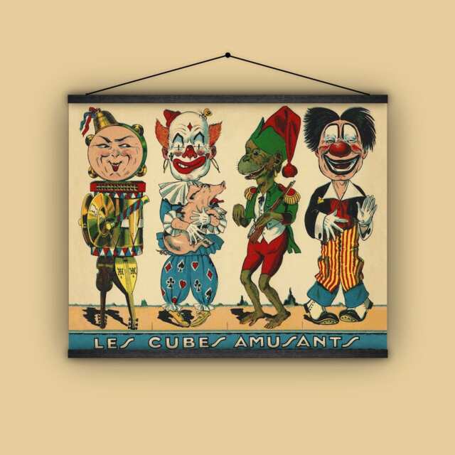 Les Cubes Amusants, Creepy Clowns, Comic, Monkey, 1900S, Game Characters, French, Antique, Unusual, Humorous, Vintage, Wall Hanging - image 1