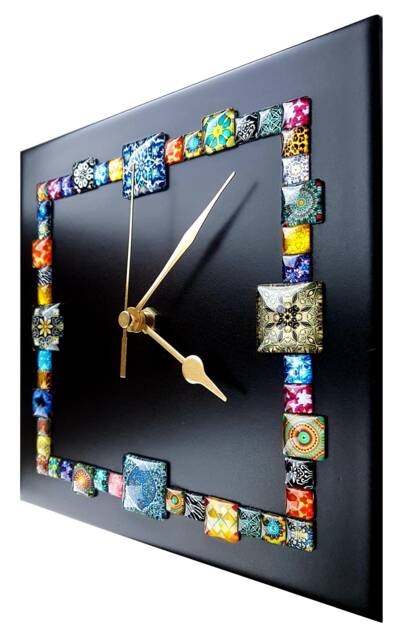 Handmade Black Square Wall Clock With Colourful Glass Cabochon Design - Unique Home Decor - image 1