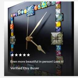 Handmade Black Square Wall Clock 20cm - Glass Mosaic Modern Home Decor - thumbnail 2