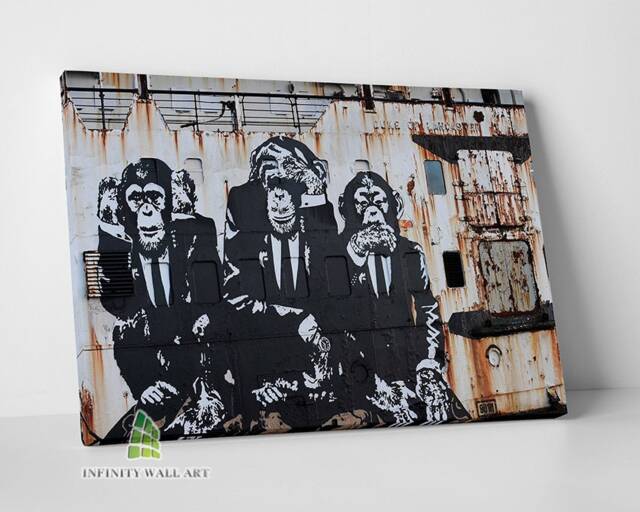 3 Wise Monkeys Chimps Banksy Canvas Art Wall Animal Framed Print Picture Home Decor -C939 - image 1