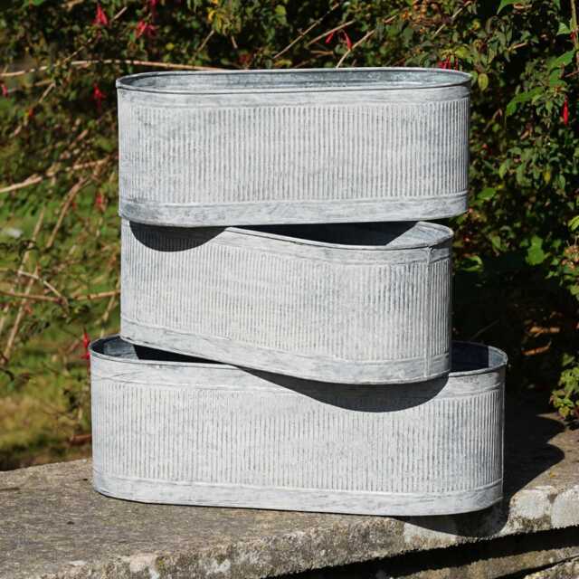 Large Ribbed Metal Planters Outdoor Garden Trough Flower Pot Antique Style Galvanised Planter Troughs - image 1