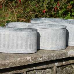 Large Ribbed Metal Planters Outdoor Garden Trough Flower Pot Antique Style Galvanised Planter Troughs - thumbnail 3