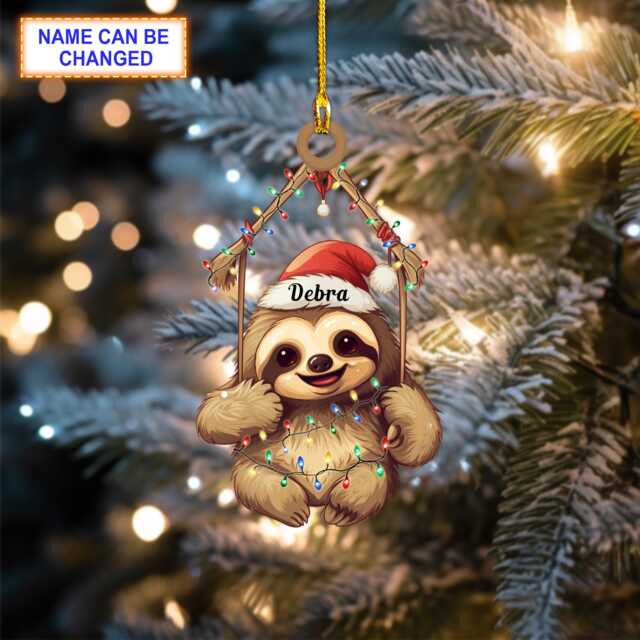 Custom Name Sloth Christmas Light Hanging Ornament, Tree Decor, Flat 2D Ornament Acrylic/ Wooden - image 1