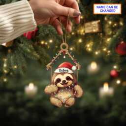 Custom Name Sloth Christmas Light Hanging Ornament, Tree Decor, Flat 2D Ornament Acrylic/ Wooden - thumbnail 2