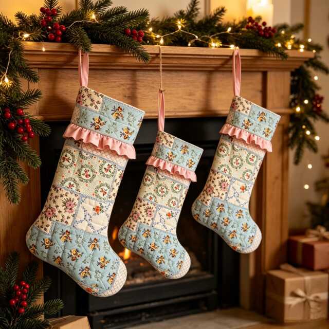 Vintage Floral Quilted Christmas Stocking, Cotton Ruffle Cuff Xmas Sock - image 1