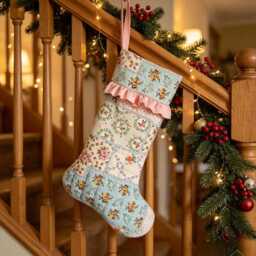 Vintage Floral Quilted Christmas Stocking, Cotton Ruffle Cuff Xmas Sock - thumbnail 3