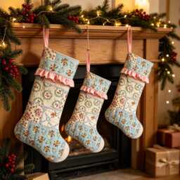 Vintage Floral Quilted Christmas Stocking, Cotton Ruffle Cuff Xmas Sock - thumbnail 1