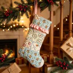 Vintage Floral Quilted Christmas Stocking, Cotton Ruffle Cuff Xmas Sock - thumbnail 4