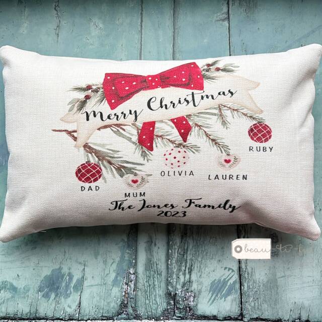 Personalised Christmas Family Names Home Baubles Holly Foliage Greenery Design Quote Linen Style Cushion Cover - image 1