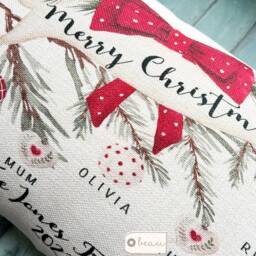 Personalised Christmas Family Names Home Baubles Holly Foliage Greenery Design Quote Linen Style Cushion Cover - thumbnail 3