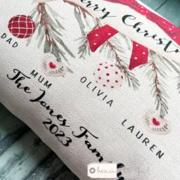Personalised Christmas Family Names Home Baubles Holly Foliage Greenery Design Quote Linen Style Cushion Cover - thumbnail 2