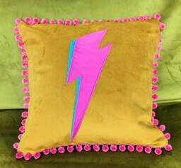 Bowie Lightning Bolt/Flash Luxury Mustard Yellow Velvet Cushion, Ziggy Cushions With Pink Or Red Lightning - thumbnail 1