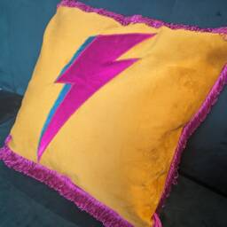 Bowie Lightning Bolt/Flash Luxury Mustard Yellow Velvet Cushion, Ziggy Cushions With Pink Or Red Lightning - thumbnail 2
