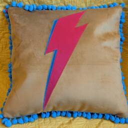 Bowie Lightning Bolt/Flash Luxury Mustard Yellow Velvet Cushion, Ziggy Cushions With Pink Or Red Lightning - thumbnail 3