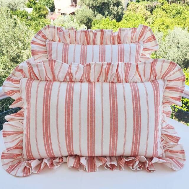 Bohemian Linen Striped Pillow Cover With Frill Edges - image 1