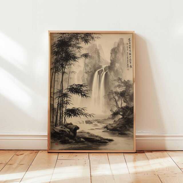 Chinese Ink Waterfall Wall Art, Bamboo Forest Landscape Poster, Zen Nature Brush Painting, Wabi Sabi Asian Decor, Monochrome Unframed Print - image 1