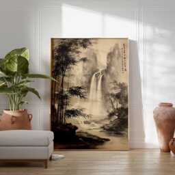 Chinese Ink Waterfall Wall Art, Bamboo Forest Landscape Poster, Zen Nature Brush Painting, Wabi Sabi Asian Decor, Monochrome Unframed Print - thumbnail 2