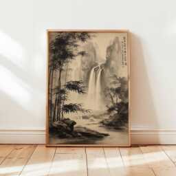 Chinese Ink Waterfall Wall Art, Bamboo Forest Landscape Poster, Zen Nature Brush Painting, Wabi Sabi Asian Decor, Monochrome Unframed Print - thumbnail 1